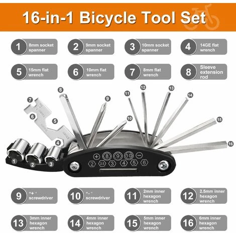 Strumento Multiuso Per Biciclette, Strumento Per Attrezzi Per Biciclette Kit Di Riparazione Per Attrezzi Per Biciclette Multifunzione 16 In 1 Per La Riparazione Di Biciclette, Set Di Attrezzi Per Bici 4 Strumento Multiuso Per Biciclette, Strumento Per Attrezzi Per Biciclette Kit Di Riparazione Per Attrezzi Per Biciclette Multifunzione 16 In 1 Per La Riparazione Di Biciclette, Set Di Attrezzi Per Bici - immagine 2