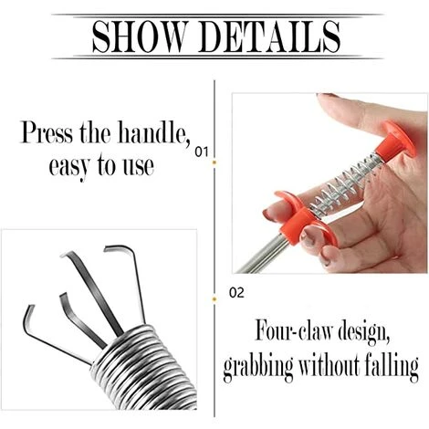 Serpente Di Scarico A Pavimento, Strumento Per La Pulizia Degli Scarichi Con Manico A Molla, Artiglio Multifunzione Per La Pulizia Del WC, Scarico A Pavimento E Lavandino (nero) 5 Serpente Di Scarico A Pavimento, Strumento Per La Pulizia Degli Scarichi Con Manico A Molla, Artiglio Multifunzione Per La Pulizia Del WC, Scarico A Pavimento E Lavandino (nero) - immagine 3